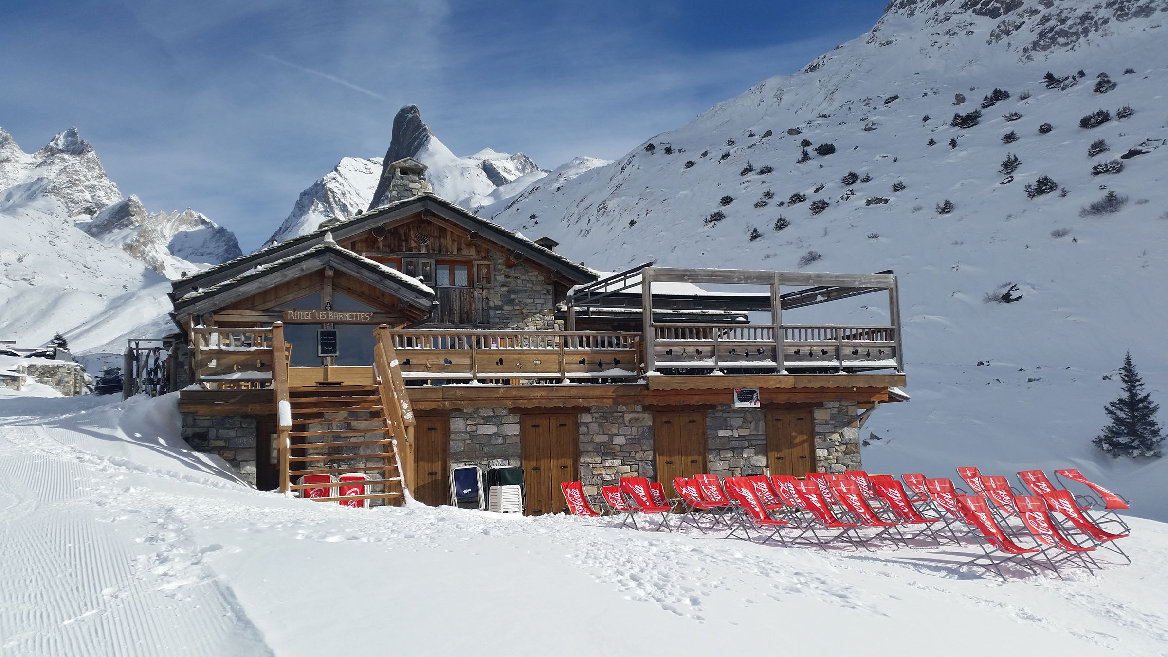 Les Barmettes mountain hut restaurant in winter in the French Alps